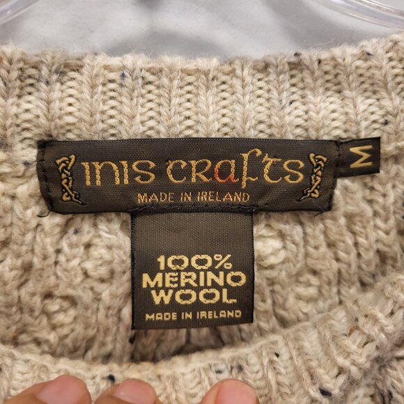 Inis Crafts Irish Cable Knit Crew Neck Marino Wool Sweater Size Medium - Picture 7 of 9